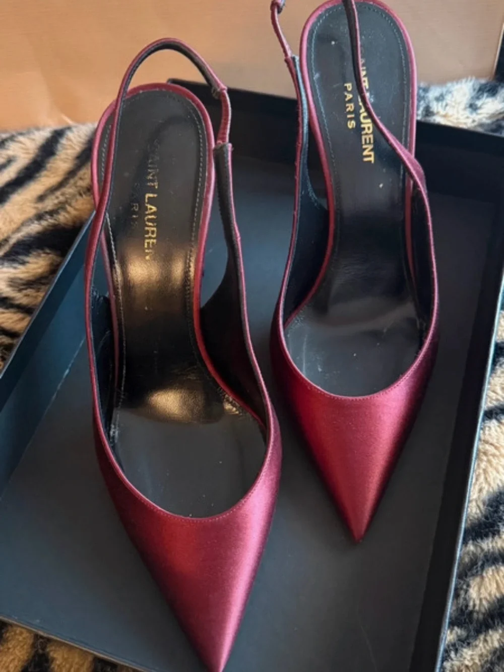 Saint Laurent Burgundy Satin Pointed Slingback Heels - Picture 4 of 8